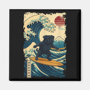 Black Pug Japanese Kanagawa Wave Surfing Japan Mom Magnet