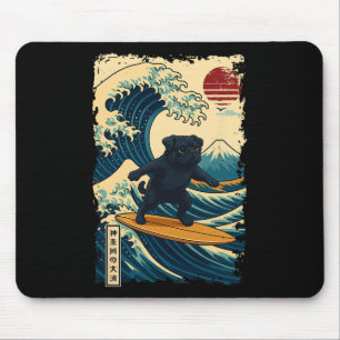 Black Pug Japanese Kanagawa Wave Surfing Japan Mom Mouse Pad