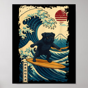 Black Pug Japanese Kanagawa Wave Surfing Japan Mom Poster