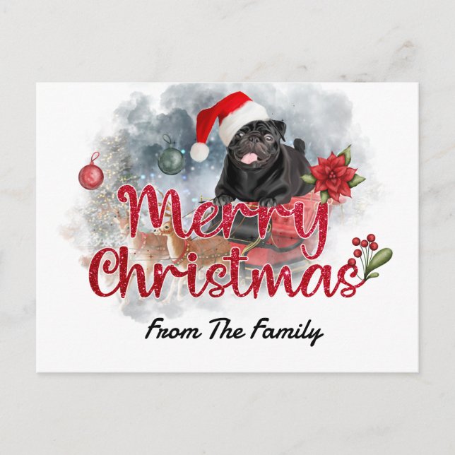 Black Pug Merry Christmas with Poinsettia Flower  Postcard (Front)