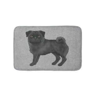 Black Pug Mops Breed Dog Cartoon Illustration Grey Bath Mat