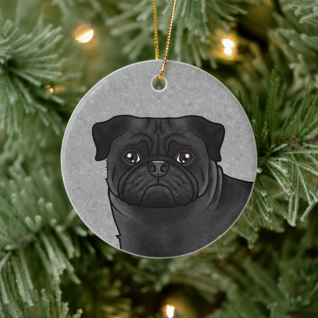Black Pug Mops Dog Breed Design Cute Dog Head Grey Ceramic Ornament (Tree)