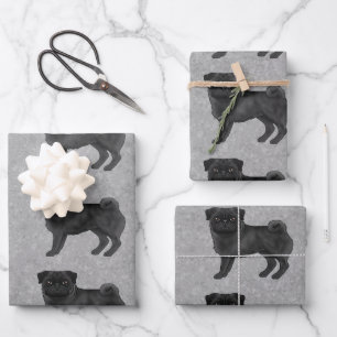 Black Pug Mops Dog Breed Design Pattern On Grey Wrapping Paper Sheet