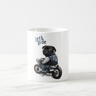 Black pug on motorcycle cartoon illustration coffee mug