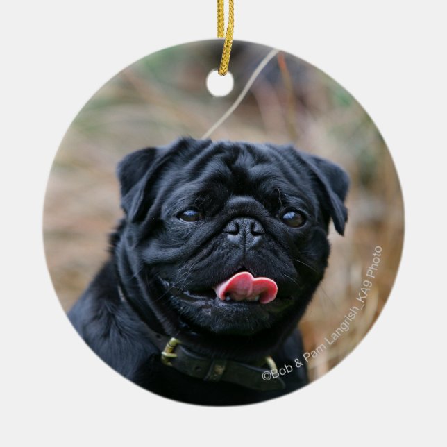 Black Pug Panting While Looking at Camera Ceramic Ornament (Front)
