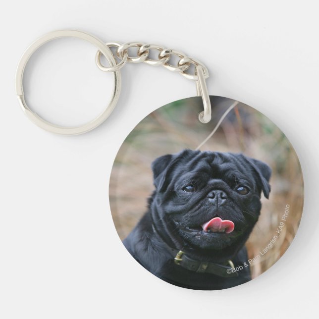 Black Pug Panting While Looking at Camera Keychain (Front)