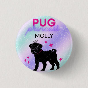 BLACK" PUG PRINCESS"   1 INCH ROUND BUTTON