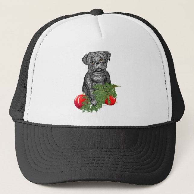 Black Pug Puppy Adorable Christmas Art Trucker Hat (Front)