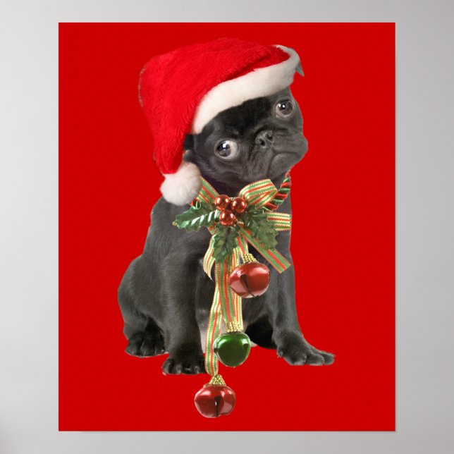 Black Pug Puppy Christmas Portrait Poster (Front)
