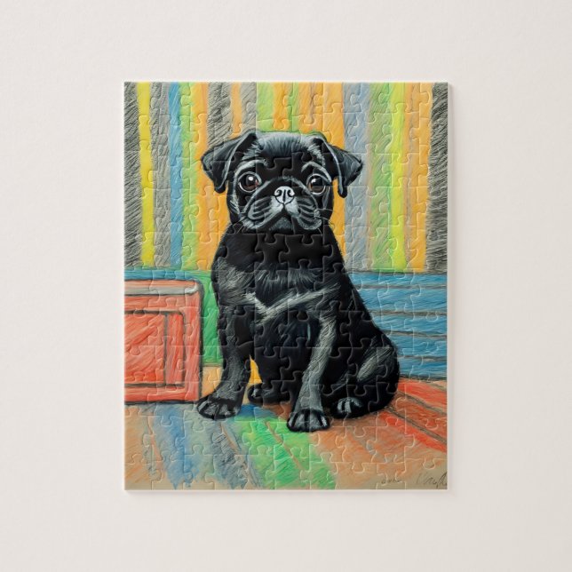 Black Pug puppy crayon art puzzle gift idea  (Vertical)
