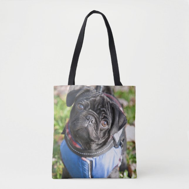 Black Pug Puppy Wearing A Jacket Tote Bag (Front)