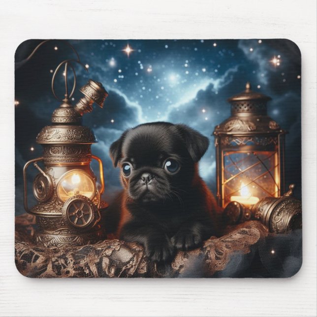 Black Pug Puppy with Vintage Lanterns Mouse Pad (Front)