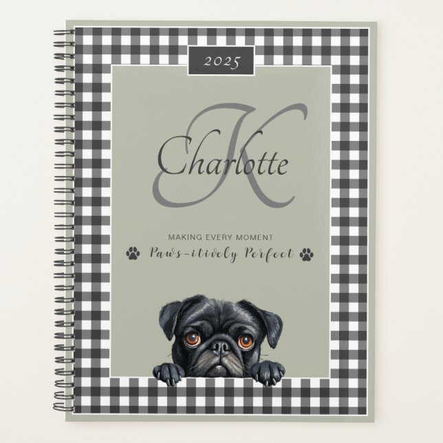 Black Pug Sage Green Gingham Custom Name Monogram Planner (Front)