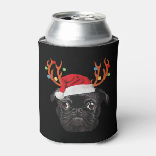 Black Pug Santa Christmas Reindeer Christmas Light Can Cooler