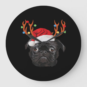 Black Pug Santa Christmas Reindeer Christmas Light Large Clock