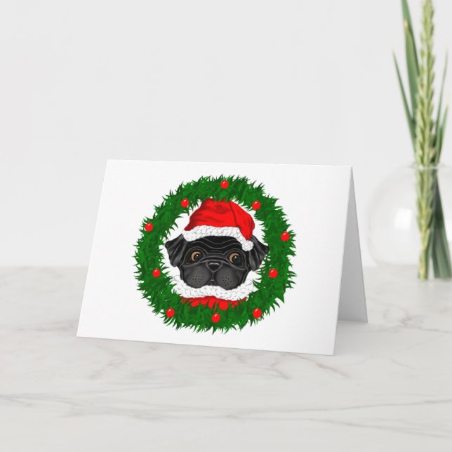 Black Pug Santa Greeting Cards (Front)