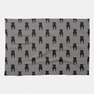 Black Pug Silhouettes on Grey Background Kitchen Towel