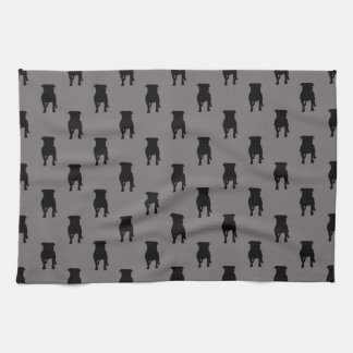Black Pug Silhouettes on Grey Background Kitchen Towel