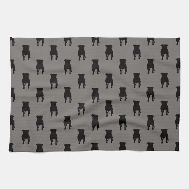 Black Pug Silhouettes on Grey Background Kitchen Towel (Horizontal)