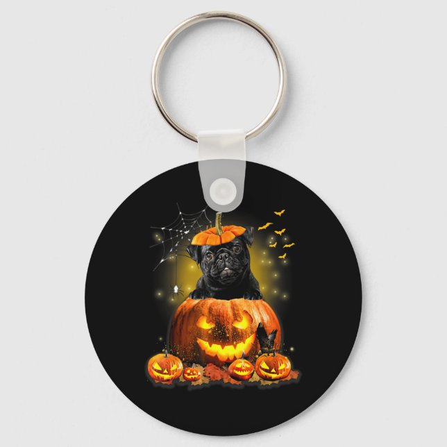 Black Pug Spooky Halloween Pumpkin Dog Head Men Keychain (Front)