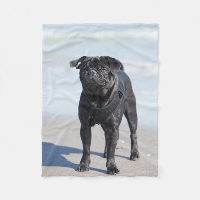 Black Pug Standing On The Beach Fleece Blanket (Front)
