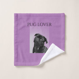 Black pug wash cloth in purple.