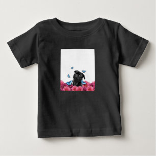 Black Pug With Blue Butterflies And Gerberas Baby T-Shirt