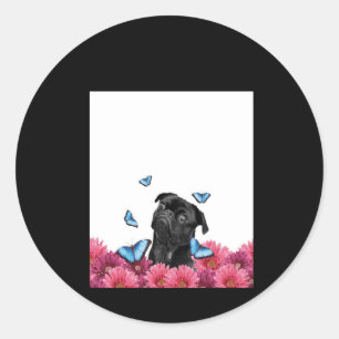 Black Pug With Blue Butterflies And Gerberas Classic Round Sticker