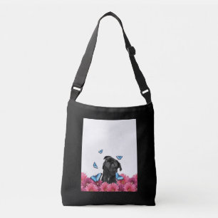 Black Pug With Blue Butterflies And Gerberas Crossbody Bag