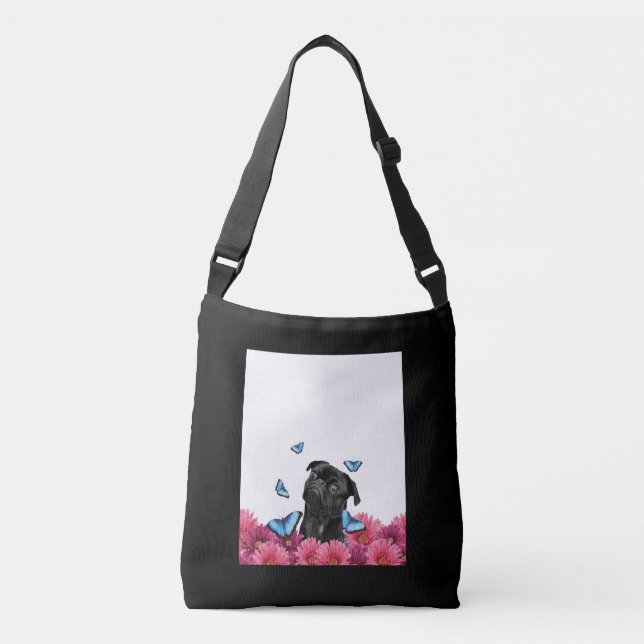 Black Pug With Blue Butterflies And Gerberas Crossbody Bag (Front)