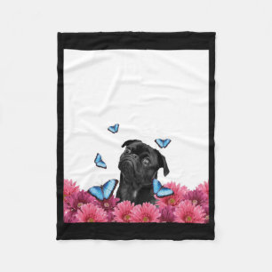 Black Pug With Blue Butterflies And Gerberas Fleece Blanket