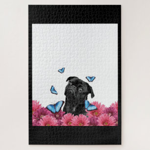 Black Pug With Blue Butterflies And Gerberas Jigsaw Puzzle