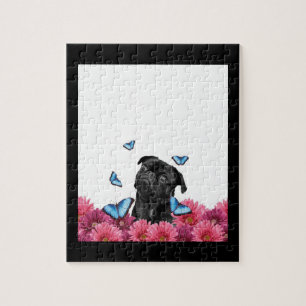 Black Pug With Blue Butterflies And Gerberas Jigsaw Puzzle