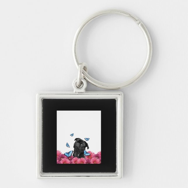 Black Pug With Blue Butterflies And Gerberas Keychain (Front)