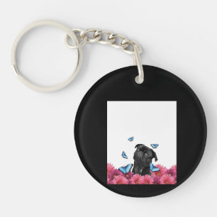 Black Pug With Blue Butterflies And Gerberas Keychain