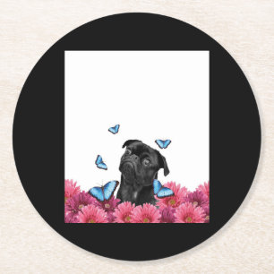 Black Pug With Blue Butterflies And Gerberas Round Paper Coaster