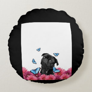 Black Pug With Blue Butterflies And Gerberas Round Pillow
