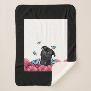 Black Pug With Blue Butterflies And Gerberas Sherpa Blanket
