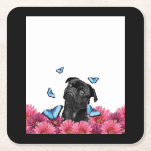Black Pug With Blue Butterflies And Gerberas Square Paper Coaster