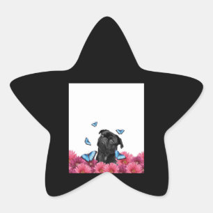 Black Pug With Blue Butterflies And Gerberas Star Sticker