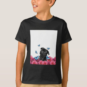 Black Pug With Blue Butterflies And Gerberas T-Shirt