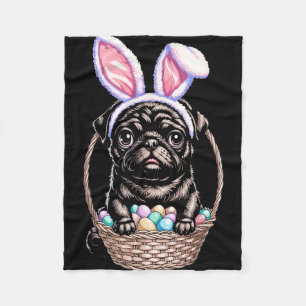 Black pug with bunny ears cute colourful easter eg fleece blanket