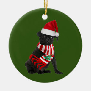 Black Pug With Hat Scaft Christmas Ceramic Ornament