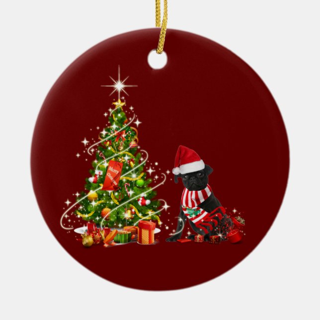 Black pug With Hat Scaft Christmas Ceramic Ornament (Front)