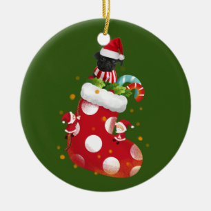 Black Pug With Socking Ceramic Ornament
