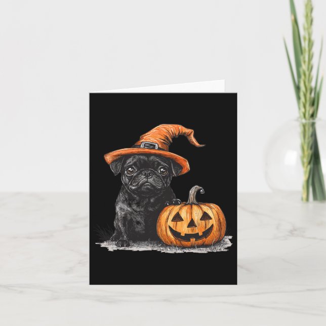 Black Pug With Witch Hat And Pumpkin Halloween Pug Card (Front)
