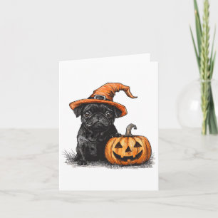 Black Pug With Witch Hat And Pumpkin Halloween Pug Card