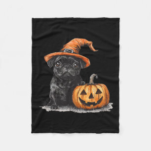 Black Pug With Witch Hat And Pumpkin Halloween Pug Fleece Blanket