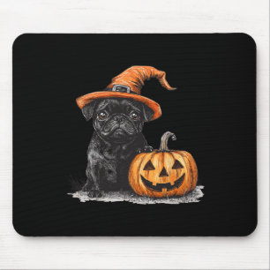 Black Pug With Witch Hat And Pumpkin Halloween Pug Mouse Pad