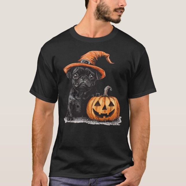 Black Pug with Witch Hat and Pumpkin Halloween Pug T-Shirt (Front)